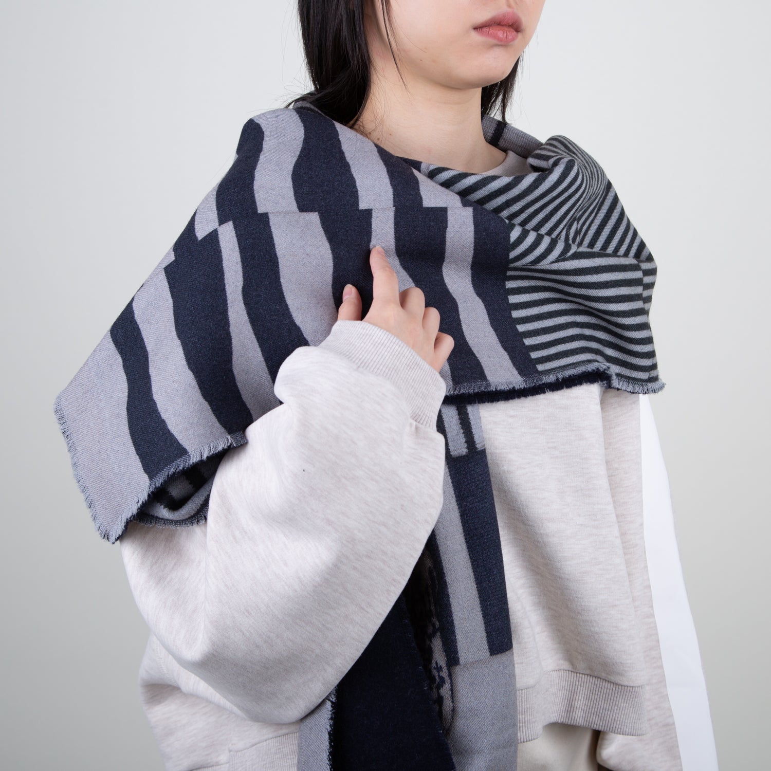 wool printed scarf in navy and grey luxury design