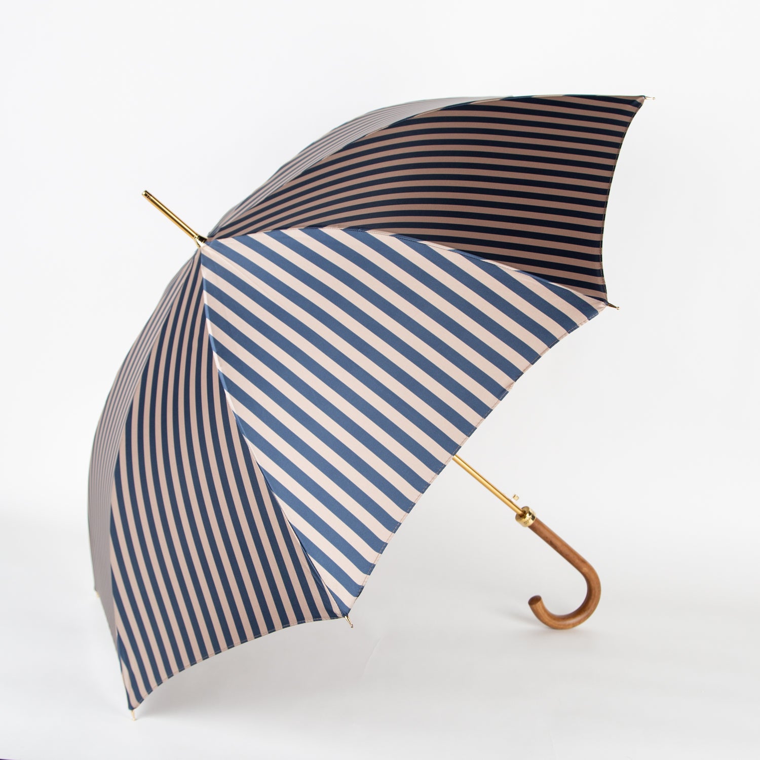 striped blue umbrella with malacca wood handle